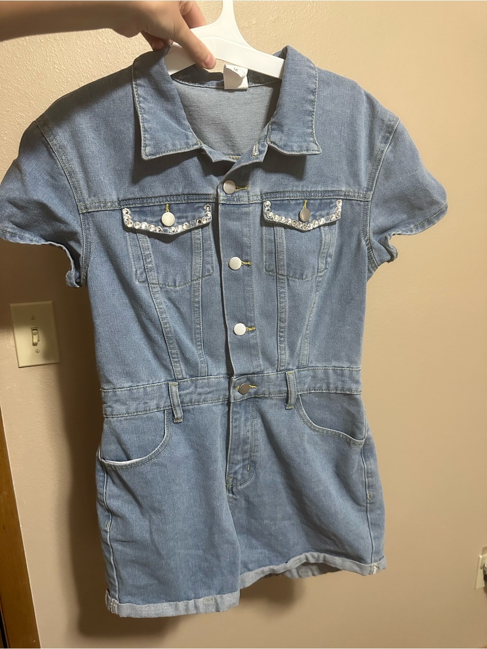 Light Blue Denim Short Sleeve Romper Jacket with Sequin Trim